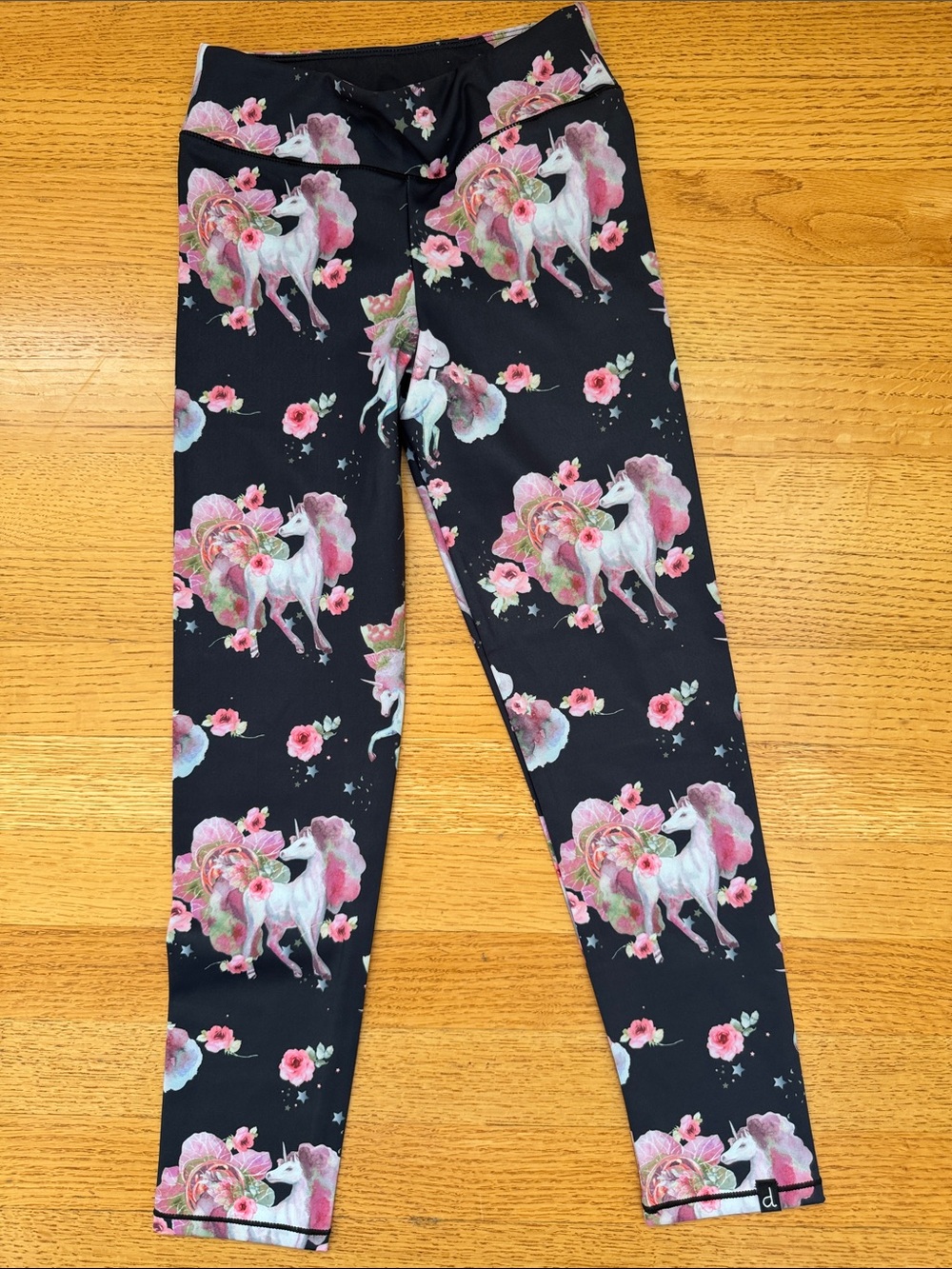 deux par deux Black Leggings with Pink Unicorns and Floral Print